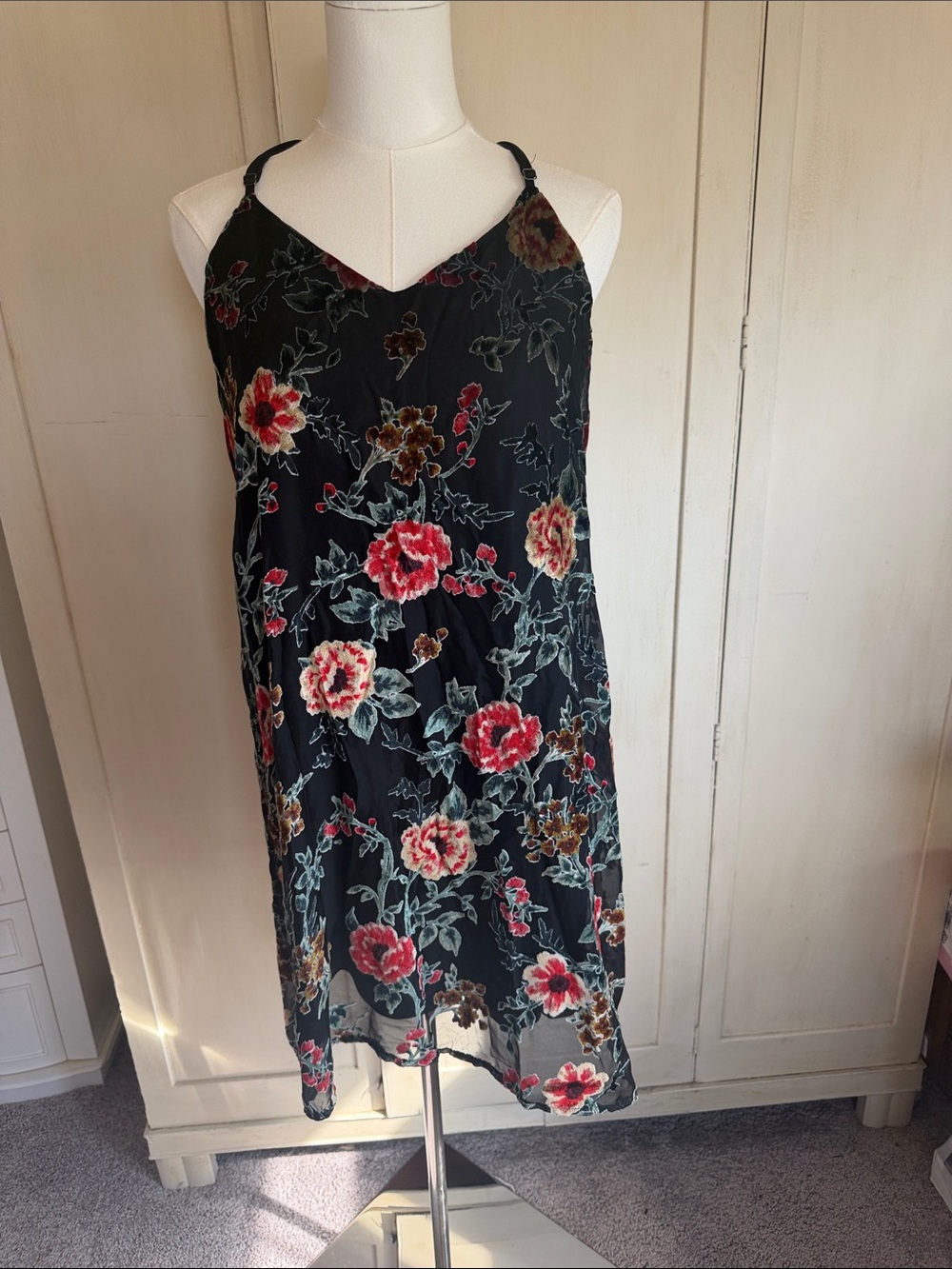 She + Sky Black Floral Velvet-Embroidered Slip Dress